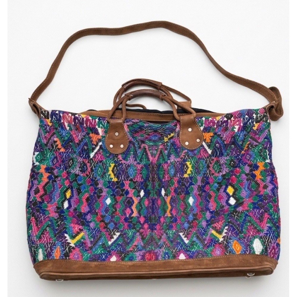 Stela 9 Artisan Woven Huipil & Leather Weekender Bag - Guatemala Oversized